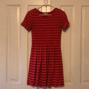 Red anthro dress with scalloped stripe detail
